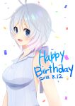  1girl :d absurdres antenna_hair bangs bare_shoulders blue_eyes blush bow breasts choco_(chocovix112) collared_shirt confetti dated dennou_shoujo_youtuber_siro dress eyebrows_behind_hair grey_bow grey_hair grey_shirt hair_between_eyes happy_birthday highres looking_at_viewer medium_breasts parted_bangs shirt short_hair simple_background siro_(dennou_shoujo_youtuber_siro) sleeveless sleeveless_dress smile solo upper_body virtual_youtuber white_background 