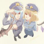  2girls bangs bat_wings black_footwear blonde_hair blue_hair blue_headwear blue_skirt crystal cuffs flandre_scarlet from_above handcuff_dangle handcuffs hat long_skirt long_sleeves md5_mismatch multiple_girls police police_badge police_hat police_uniform policewoman red_eyes remilia_scarlet short_hair siblings sisters skirt skullchimes touhou uniform wings 