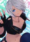  1girl angel_(kof) blue_eyes breasts chaps chienon cleavage collarbone cropped_jacket fingerless_gloves gloves hair_over_one_eye highres jacket large_breasts navel short_hair silver_hair smile solo the_king_of_fighters the_king_of_fighters_xv v white_hair 