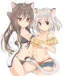  2girls ahoge akahaneko animal_ears bangs bikini black_bikini blue_shorts breasts brown_eyes brown_hair cardigan cat_ears cat_tail collarbone cowboy_shot eyebrows_visible_through_hair hair_between_eyes highleg long_hair medium_breasts medium_hair micro_shorts mismatched_bikini monochrome_background multiple_girls navel off-shoulder_bikini off_shoulder open_cardigan open_clothes open_shorts original paw_pose red_bikini shorts silver_hair simple_background small_breasts smile spaghetti_strap string_bikini swimsuit tail tail_raised white_background white_cardigan yellow_bikini 