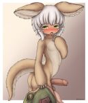  aiasuru anthro balls big_butt blush butt clothed clothing flaccid fur genitals girly glistening glistening_genitalia glistening_penis hair hi_res humanoid_genitalia kemono lagomorph looking_at_viewer made_in_abyss male mammal nanachi narehate open_mouth pants_down partially_clothed penis short_hair small_but_hung solo standing thick_penis topless vein veiny_penis whiskers white_hair yellow_eyes 