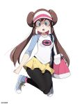  1girl absurdres aqua_footwear bad_id bad_pixiv_id black_legwear blue_eyes breasts brown_hair commentary double_bun doughnut_hair_bun full_body highres knees_together_feet_apart long_hair looking_at_viewer once_11h open_mouth pantyhose pink_bag pink_legwear pokemon pokemon_(game) pokemon_bw2 raglan_sleeves rosa_(pokemon) shirt shoes simple_background skirt sleeves_past_elbows small_breasts socks solo teeth twintails two-tone_headwear upper_body upper_teeth visor_cap white_background white_headwear white_shirt yellow_skirt 