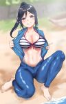  1girl absurdres barefoot bikini black_hair blurry blurry_background blush bodysuit breasts cleavage feet front-tie_bikini front-tie_top high_ponytail highres kiru_(bsesso) large_breasts legs looking_at_viewer love_live! love_live!_sunshine!! matsuura_kanan navel open_clothes ponytail purple_eyes smile solo striped striped_bikini swimsuit toes wetsuit 