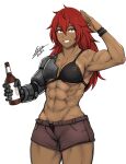  1girl abs airisubaka alcohol beer_bottle bikini black_bikini bracelet brown_eyes brown_shorts commentary cowboy_shot english_commentary highres holding jewelry long_hair looking_at_viewer mechanical_arms muscular muscular_female open_fly original prosthesis prosthetic_arm red_hair salute scar scar_on_arm scar_on_face scar_on_stomach shorts signature simple_background single_mechanical_arm smile solo swimsuit white_background 