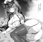  absurdres ass azur_lane bangs between_legs breasts broken broken_chain chain choker collar covered_nipples crotch_seam garter_straps greyscale hand_between_legs hat highres honolulu_(azur_lane) hotate-chan large_breasts looking_at_viewer lying military military_hat military_uniform monochrome on_side plump skin_tight skindentation thick_thighs thighhighs thighs translation_request twintails uniform 