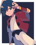  1boy alternate_color black_sash blue_eyes blue_hair buttons commentary falkner_(pokemon) hair_over_one_eye highres jacket japanese_clothes kimono male_focus open_clothes open_jacket pokemon pokemon_(game) pokemon_masters_ex red_jacket red_wristband sash short_hair short_sleeves solo tyako_089 white_kimono wristband 