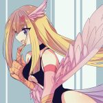  1girl bare_shoulders bird_wings blonde_hair blue_eyes breasts duel_monster elbow_gloves feathers gloves hair_ornament hairclip harpie_girl headgear highres jyon104 large_breasts open_mouth solo underboob wings yu-gi-oh! 
