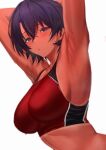  1girl absurdres armpits arms_behind_head arms_up bangs bare_shoulders blush breasts highres large_breasts looking_at_viewer open_mouth original purple_eyes purple_hair red_sports_bra short_hair solo sports_bra sweat ulrich_(tagaragakuin) 