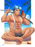 1boy abs alternate_costume alternate_skin_color bara beach bite_mark blue_eyes blue_fire blue_hair bulge crossed_legs dark-skinned_male dark_skin eating fire food food_on_face forked_eyebrows grey_male_swimwear highres large_pectorals long_sideburns looking_at_viewer male_focus male_swimwear muscular muscular_male navel nipples over_shoulder pectorals sand scar scar_on_chest scar_on_face short_hair sideburns solo stomach swim_briefs sword sword_over_shoulder tan tepen_(tptptpn) thick_eyebrows toji_(housamo) tokyo_afterschool_summoners topless_male v water watermelon_slice weapon weapon_over_shoulder wet wooden_sword 