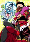  1girl 2boys alice_(alice_in_wonderland) alice_(alice_in_wonderland)_(cosplay) alice_in_wonderland alternate_costume artist_name black_hair black_legwear blue_dress boku_no_hero_academia bottle bracelet clenched_hands cosplay crossdressing crown dress eri_(boku_no_hero_academia) feather_trim floating frilled_dress frills gloves grey_hair hand_on_another&#039;s_head heart high_heels highres holding holding_bottle holding_wand horns jewelry katsukame_rikiya long_hair looking_at_viewer mask midair mouth_mask multiple_boys mushroom open_mouth overhaul_(boku_no_hero_academia) pectoral_cleavage pectorals plague_doctor_mask puffy_short_sleeves puffy_sleeves queen_of_hearts_(alice_in_wonderland) queen_of_hearts_(alice_in_wonderland)_(cosplay) red_eyes short_hair short_sleeves single_horn sitting striped striped_legwear thighhighs tsunao two-tone_background very_short_hair wand white_background yellow_background yellow_eyes 