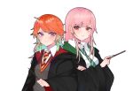  2girls alternate_costume bangs black_robe earrings eyebrows_visible_through_hair feather_earrings feathers gradient_hair gryffindor harry_potter_(series) highres hogwarts_school_uniform hololive hololive_english jewelry mori_calliope multicolored_hair multiple_girls necktie orange_hair pink_hair purple_eyes red_eyes school_uniform slytherin takanashi_kiara tera_(trs82341711) tsundere vest virtual_youtuber wand yuri 