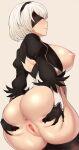  1girl alternate_breast_size anus ass black_blindfold black_gloves black_legwear black_shirt blindfold blush bottomless breasts breasts_outside censored closed_mouth cowboy_shot feather-trimmed_sleeves from_behind gloves highres juliet_sleeves large_breasts leotard long_sleeves mosaic_censoring nier_(series) nier_automata nipples no_bra nt00 profile puffy_sleeves pussy shirt simple_background solo spread_ass standing thighhighs white_leotard yorha_no._2_type_b 
