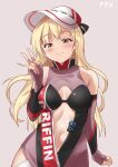  1girl bangs bare_shoulders blonde_hair blush breasts ears elbow_gloves eyebrows_visible_through_hair fingerless_gloves girls&#039;_frontline gloves highres ki-51_(ampullaria) light_brown_eyes long_hair looking_at_viewer medium_breasts navel official_alternate_costume ppk_(girls&#039;_frontline) race_queen smile solo thighhighs v very_long_hair visor_cap 