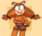  2021 alfred0sauce anthro badger bottomwear breasts clothing clothing_pull exposed_breasts female flashing hi_res mammal mustelid musteline nervous nervous_smile nipples open_mouth open_smile orange_body portrait sega shirt shirt_pull skirt smile solo sonic_boom sonic_the_hedgehog_(series) standing sticks_the_jungle_badger three-quarter_portrait topwear topwear_pull 