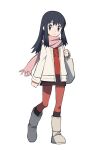  1girl alternate_costume bag bangs black_hair boots brown_skirt clenched_hand closed_mouth commentary_request dawn_(pokemon) eyelashes full_body grey_eyes grey_footwear hand_up handbag highres holding_strap jacket long_hair long_sleeves looking_at_viewer open_clothes open_jacket pantyhose pink_scarf pokemon pokemon_(game) pokemon_dppt red_shirt scarf shirt sidelocks skirt solo standing white_jacket yoshi_(moco1) 
