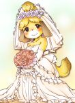  1girl alternate_costume animal_crossing animal_ears animal_nose bare_shoulders blonde_hair blush body_fur bouquet breasts bridal_veil bride cleavage commentary_request dog_ears dog_girl dog_tail dress elbow_gloves flower frills furry furry_female gloves happy holding holding_bouquet isabelle_(animal_crossing) looking_at_viewer pink_flower pink_rose rose setouchi_kurage smile solo strapless strapless_dress tail veil wedding_dress white_gloves yellow_fur 