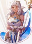  1girl ai_tkkm animal_ears ash_(fire_emblem) bangs bare_shoulders bell black_horns blush breasts brown_eyes choker collarbone cow_ears cow_girl cow_horns dark-skinned_female dark_skin fire_emblem fire_emblem_heroes gloves holding holding_staff horns large_breasts long_hair looking_at_viewer pants piercing smile solo staff tail tight tight_pants white_hair 