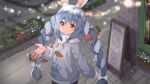  1girl ame. animal_ear_fluff animal_ears bangs black_legwear blue_hair blush bow braid breath bunny-shaped_pupils carrot_hair_ornament commentary_request don-chan_(usada_pekora) eyebrows_visible_through_hair food-themed_hair_ornament grey_sweater hair_between_eyes hair_bow hair_ornament hand_up highres hololive long_sleeves multicolored_hair outdoors pantyhose parted_lips puffy_long_sleeves puffy_sleeves rabbit_ears red_eyes short_eyebrows snowing sweater symbol-shaped_pupils thick_eyebrows twin_braids twintails two-tone_hair usada_pekora virtual_youtuber white_bow white_hair 