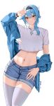  1girl absurdres alternate_costume arm_up bangle blue_hair blue_jacket blue_shorts bracelet casual closed_mouth cowboy_shot crop_top crop_top_overhang denim denim_shorts eula_(genshin_impact) genshin_impact hairband highres jacket jewelry long_sleeves looking_at_viewer medium_hair midriff navel necklace nvl off_shoulder open_clothes open_jacket shirt short_shorts short_sleeves shorts simple_background skindentation solo standing stomach thighhighs white_background white_legwear white_shirt yellow_eyes 