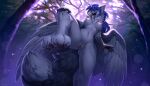  anthro blue_hair breasts canid canine chest_tuft feathered_wings feathers female forest genitals hair hioshiru hybrid low-angle_view mammal nipples nude outside plant pussy solo tree tuft wings 
