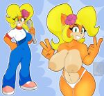  2020 accessory activision anthro areola artist_name bandicoot big_areola big_breasts blonde_hair breasts clothed clothing coco_bandicoot crash_bandicoot_(series) curvy_figure digital_media_(artwork) eyelashes female flower flower_in_hair fur gesture green_eyes hair hair_accessory hand_on_hip hi_res hourglass_figure huge_breasts long_hair looking_at_viewer mammal marsupial mklancer00 multicolored_body multicolored_fur navel nipples orange_body orange_fur overalls panties plant ponytail simple_background smile solo standing tan_body tan_fur teeth thick_thighs tools topless topless_anthro topless_female two_tone_body two_tone_fur underwear v_sign video_games voluptuous wide_hips wrench 