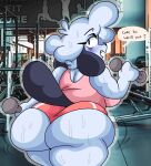  anthro big_butt bodily_fluids butt canid canine canis clothed clothing debbie_(lewd_dorky) dialogue domestic_dog dumbbell exercise female gym hi_res huge_butt lewd_dorky mammal solo sweat sweaty_butt weightlifting weights workout 