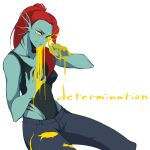  1:1 absurd_res animal_humanoid blue_body blue_skin bottomwear cana_(artist) clothing ear_fins female fin fingers fish fish_humanoid gills hair hi_res humanoid liquid looking_at_viewer marine marine_humanoid pants ponytail pupils red_hair shirt simple_background slit_pupils solo tank_top topwear undertale_(series) undyne white_background 