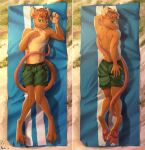  anthro beach bedroom clothing dakimakura_design detailed_background fan_character girly hand_on_butt hand_on_chest looking_at_viewer lying male mammal mouse mouse_tail murid murine neko-me on_back on_front pawpads rodent seaside solo swimming_trunks swimwear towel 