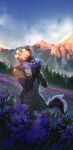  2021 anthro apron cheek_tuft clothed clothing day detailed_background digital_media_(artwork) eyes_closed facial_tuft female field flower fur fur_tuft grass hi_res light lighting mountain mountain_range outside plant reilukah sky smile soft_lighting solo tuft 