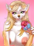  2021 5_fingers anthro areola blonde_hair breasts canid canine canis dessert digital_media_(artwork) domestic_dog eyebrows eyelashes female fingers food green_eyes hair hi_res ice_cream looking_at_viewer mammal manika_nika nipples nude smile 
