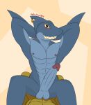  2021 abs admiralbruh1897 anal anal_penetration anthro blue_body canid canine digital_media_(artwork) duo fish flexing forsburn genitals hands_behind_head hi_res looking_at_viewer male male/male mammal marine multicolored_body muscular muscular_anthro muscular_male nipples obscured_penetration pecs penetration penis rivals_of_aether shark sharp_teeth signature slade_(dungeons_of_aether) smile teeth video_games yellow_eyes 