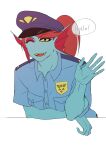  5_fingers absurd_res animal_humanoid badge blue_body blue_skin clothing deltarune ear_fins english_text female fin fingers fish fish_humanoid hi_res humanoid marine marine_humanoid one_eye_closed police_hat police_uniform pupils shirt simple_background slit_pupils solo text topwear torotale undertale_(series) undyne uniform video_games white_background wink yellow_sclera 