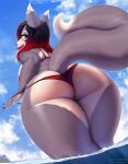  angelina_marie anthro big_butt bikini blue_eyes breasts butt canid canine canis clothed clothing female hair hi_res huge_butt humanoid_hands looking_at_viewer low-angle_view mammal outside piercing sea solo swimwear thick_thighs thousandfoldfeathers water wolf 