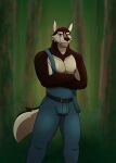  anthro bulge canid canine canis clothing crossed_arms forest hi_res looking_at_viewer male mammal marsh_(olivepup_00) muscular muscular_male nipples olivepup_00 overalls pecs plant shirtless solo tree wolf 
