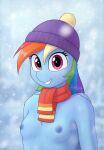  2021 absurd_res anthro areola breasts clothing digital_media_(artwork) equid eyelashes female flat_chested friendship_is_magic grin hasbro hat headgear headwear hi_res irisarco looking_at_viewer mammal mostly_nude my_little_pony nipples rainbow_dash_(mlp) scarf smile 