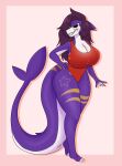  absurd_res anonymous_artist anthro big_breasts big_tail breasts clothing curvy_figure female fish green_eyes hair hi_res huge_breasts long_hair marine markings one-piece_swimsuit purple_body purple_skin scar shark sharp_teeth simple_background solo swimwear teeth thick_thighs voluptuous wide_hips zachary_(starthemadman) 