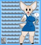  ! 2020 aggressive_retsuko anthro big_ears blue_background breasts canid canine clothing curvy_figure dialogue digital_media_(artwork) dot_eyes dress english_text eyelashes female fennec fenneko fingers fox fur gesture hi_res looking_at_viewer mammal mklancer00 multicolored_body multicolored_fur phone pointing pointing_at_viewer sanrio simple_background simple_eyes smile solo standing tan_body tan_fur text thick_thighs two_tone_body two_tone_fur voluptuous white_body white_fur wide_hips 