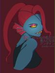  animal_humanoid blue_body blue_skin breasts clothing ear_fins eyeliner female fin fish fish_humanoid gills hair hi_res humanoid japanese_text looking_at_viewer makeup marine marine_humanoid monyorunrun ponytail pupils red_background sharp_teeth shirt simple_background slit_pupils solo tank_top teeth text topwear translation_request undertale_(series) undyne yellow_sclera 