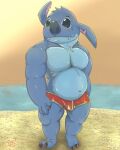  2021 alien anthro beach black_claws blue_body blue_eyes blue_fur blue_nose blush bottomwear bulge claws clothed clothing cute_fangs disney experiment_(lilo_and_stitch) fur head_tuft lilo_and_stitch little_fat_manta_ray male musclegut notched_ear one_ear_up outside red_bottomwear red_clothing seaside slightly_chubby solo speedo standing stitch_(lilo_and_stitch) swimwear topless topless_anthro topless_male tuft 