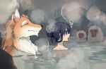  age_difference anthro bathing canid canine duo eyes_closed female fox haplorhine hi_res hot_spring human japanese_text jinnai male male/female mammal mature_male monkey old primate relaxing text translated water younger_female 