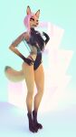  5_fingers abstract_background anthro blender_(software) canid canine clothing female fingers fox hair hi_res impreza mammal one-piece_swimsuit pink_hair solo swimwear translucent translucent_clothing tridognait 