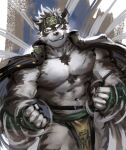  accessory anthro biped black_clothing black_jacket black_topwear bottomwear canid canine canis clothed clothing dopq fighting_pose fist fur grey_body grey_fur headband horkeukamui jacket lifewonders loincloth male mammal muscular muscular_anthro muscular_male nipples pecs pose smile smirk solo tokyo_afterschool_summoners topwear video_games wolf 