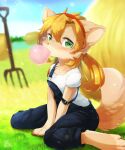  2021 anthro barefoot blonde_hair bubble bubble_gum canid canine clothing crown detailed_background digitigrade feet female fox grass green_eyes hair handpaw hay hi_res ingi looking_at_viewer mammal on_ground outside overalls paws pitchfork plant shirt signature sitting solo t-shirt tiara tools topwear 