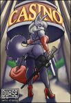  2021 anthro big_breasts big_butt breasts butt canid canine canis duase duffel_bag female garter_belt garter_straps gun hi_res high_heels holding_gun holding_object holding_weapon mammal ranged_weapon rear_view smile solo weapon wolf 