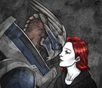  alien armor blue_eyes bodypaint bonksoundeffect clothing commander_shepard duo eye_contact face_paint female foreheads_touching garrus_vakarian hi_res hoodie human looking_at_another male male/female mammal mass_effect romantic romantic_couple standing topwear turian video_games 