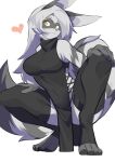  &lt;3 2021 anthro aspirindabaitu black_clothing breasts butt canid canine canis clothing crouching female fox hair hi_res hybrid lace leggings legwear long_ears long_hair long_tail mammal paws side_boob simple_background smile solo stripes wolf yellow_eyes 