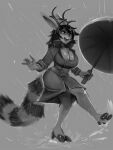  3:4 5_fingers anthro antlers big_breasts breasts female fingers general-irrelevant hair hi_res holding_object holding_umbrella horn hybrid mits_(character) monochrome on_one_leg open_mouth raining smile solo standing umbrella water wet 