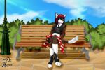  2017 anthro bench bottomwear canid canine clothed clothing female fur hair juliet_(colliegirl12) mammal outside park park_bench red_hair skirt snaketeeth12 solo white_body white_fur 