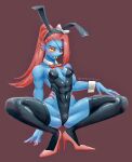  abs animal_humanoid blue_body blue_skin blush bunny_costume camel_toe clothing costume ear_fins fake_ears fake_rabbit_ears female fin fish fish_humanoid genital_outline gills hi_res high_heels humanoid leggings legwear looking_at_viewer marine marine_humanoid monyorunrun muscular muscular_female muscular_humanoid pupils pussy_outline slit_pupils solo spread_legs spreading undertale_(series) undyne yellow_sclera 