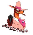  anthro cigar clothing disney glowing glowing_eyes gun hi_res looking_at_viewer male mammal mustela mustelid musteline pointing_gun pointing_gun_at_viewer ranged_weapon reagan700 showing_teeth smarty_weasel smile solo text true_musteline weapon who_framed_roger_rabbit 